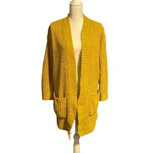 Express Chenille Knit Textured Open Front Cardigan Sweater Mustard Yellow Small